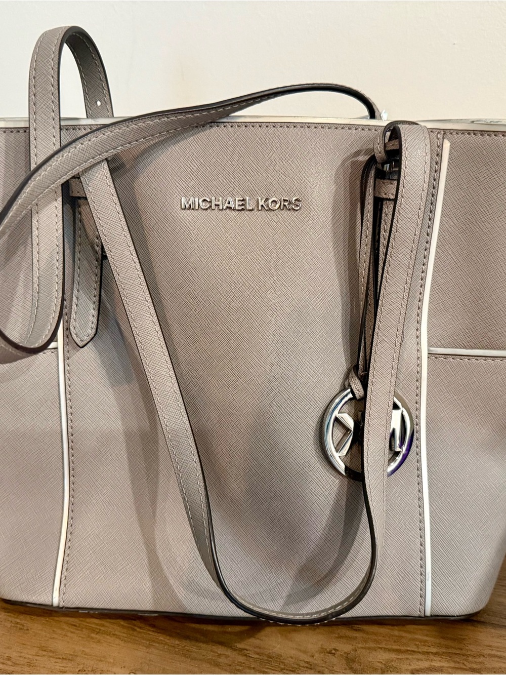 Michael Kors Gray Leather Tote with Logo Charm NWOT